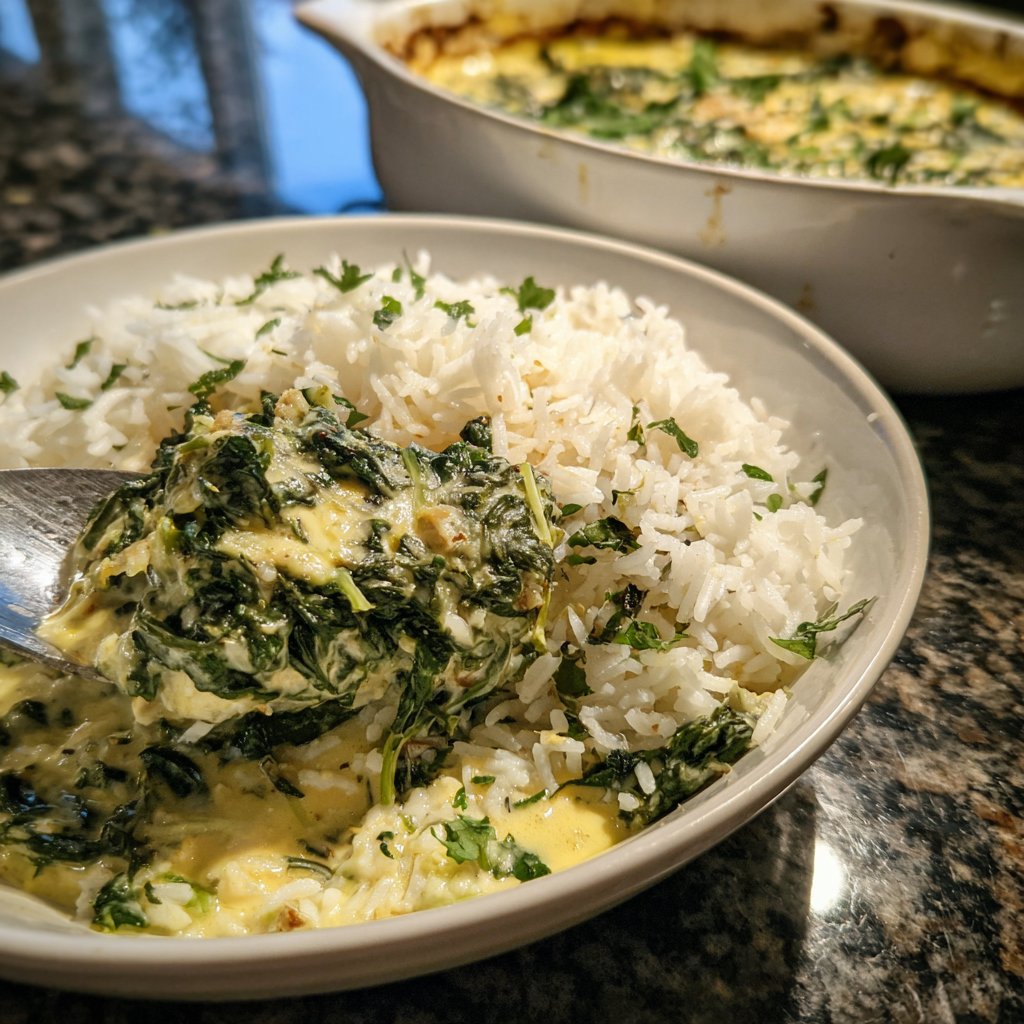 Mittagessen mit Spinat und Reis