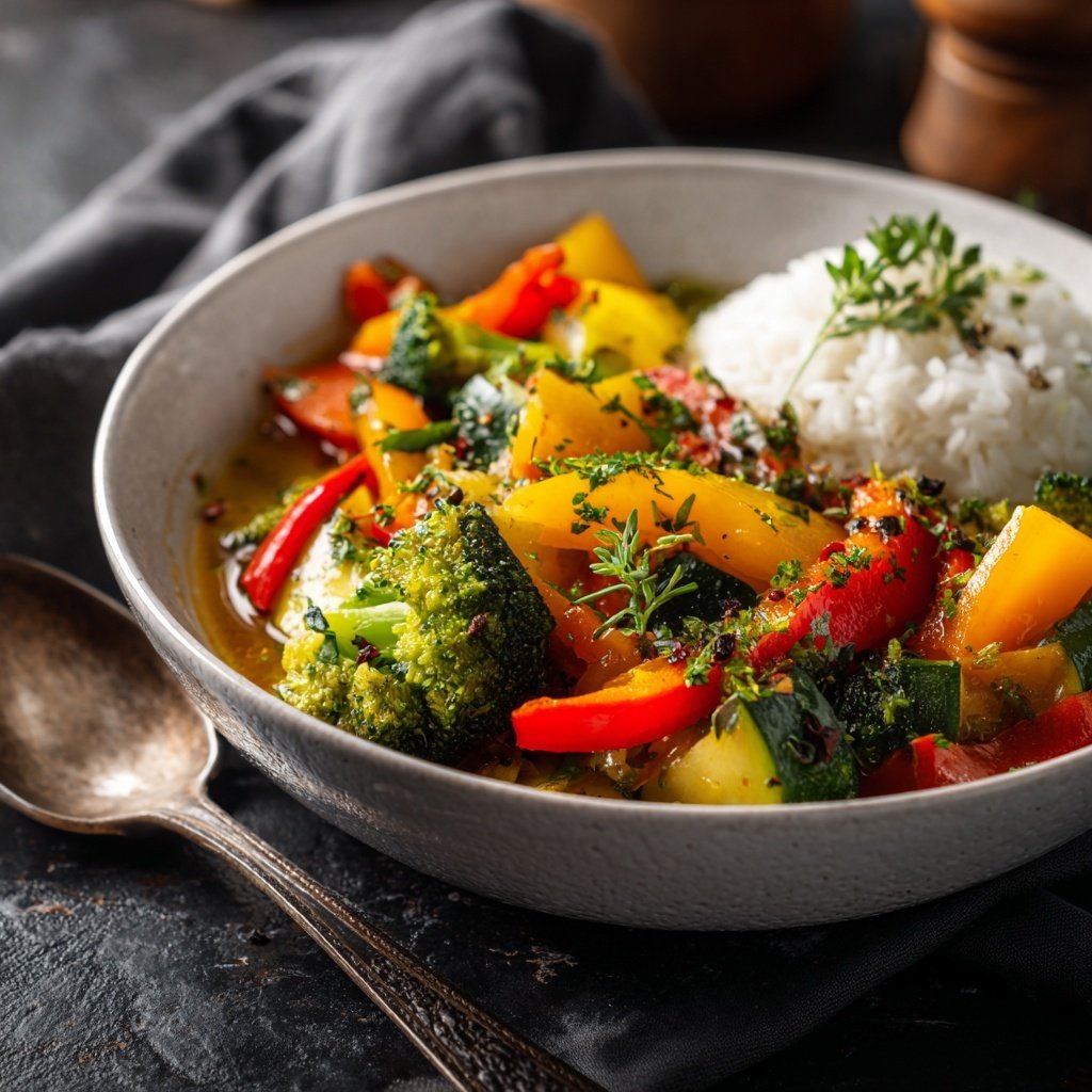 Mittagessen mit Gemüsepfanne und Reis