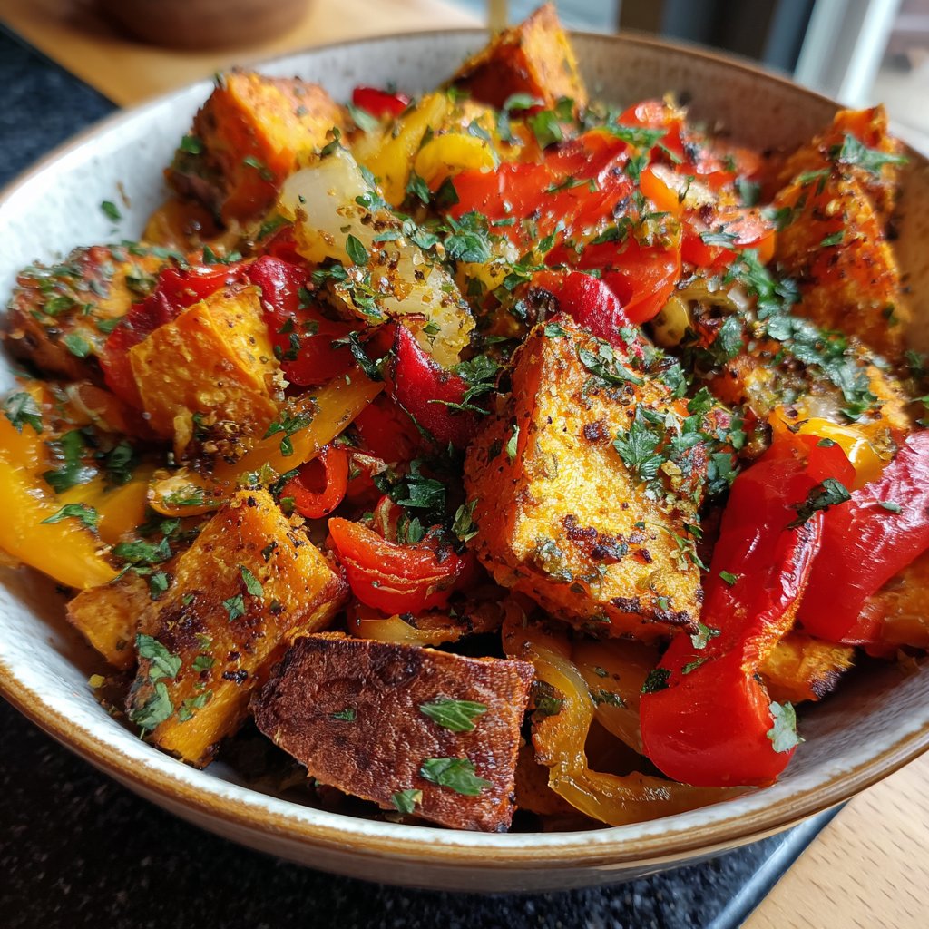 Vegetarisches Abendessen mit Süßkartoffelpfanne